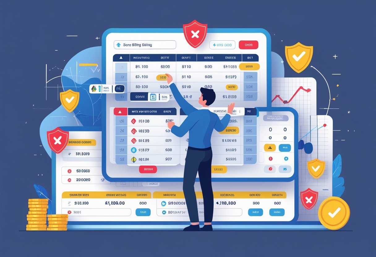 A person reviewing multiple betting slips and digital screens with symbols of risk and protection around them, representing careful management of betting risks.