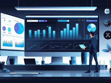 A man in a suit analyzes sports betting power rankings and financial charts on large computer screens in a modern office, with sports icons on the wall and a tablet in his hand.