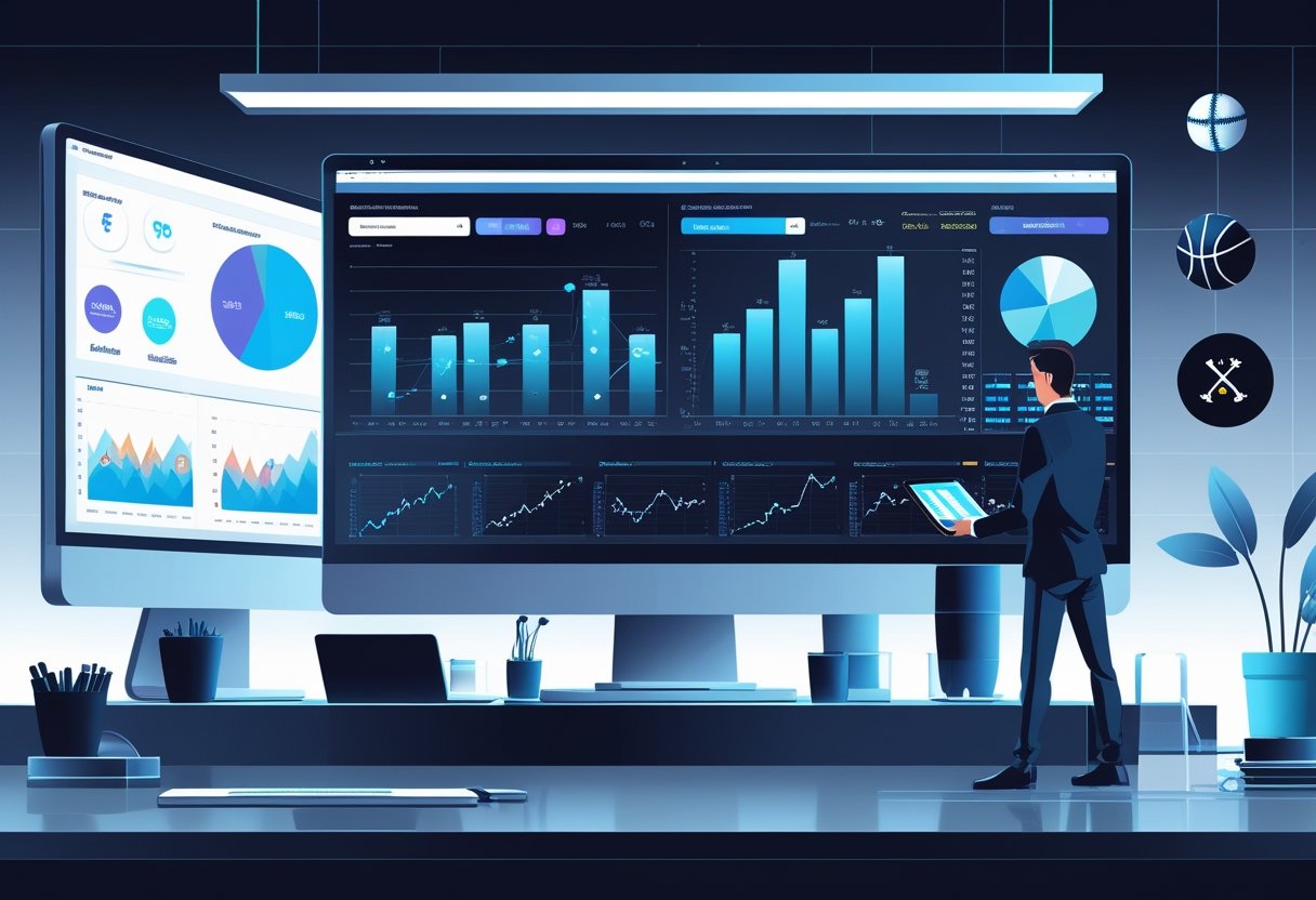 A man in a suit analyzes sports betting power rankings and financial charts on large computer screens in a modern office, with sports icons on the wall and a tablet in his hand. - Betting Online An analyst working at a computer with sports charts and data on the screen, surrounded by icons representing different sports.