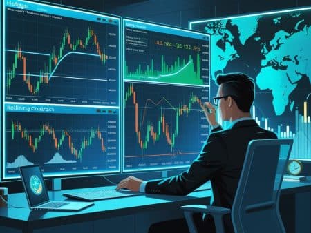 A person in a suit analyzes multiple large financial charts and graphs on screens in a modern office, with a world map and bar graphs in the background, suggesting stock market activity focused on profit maximization.