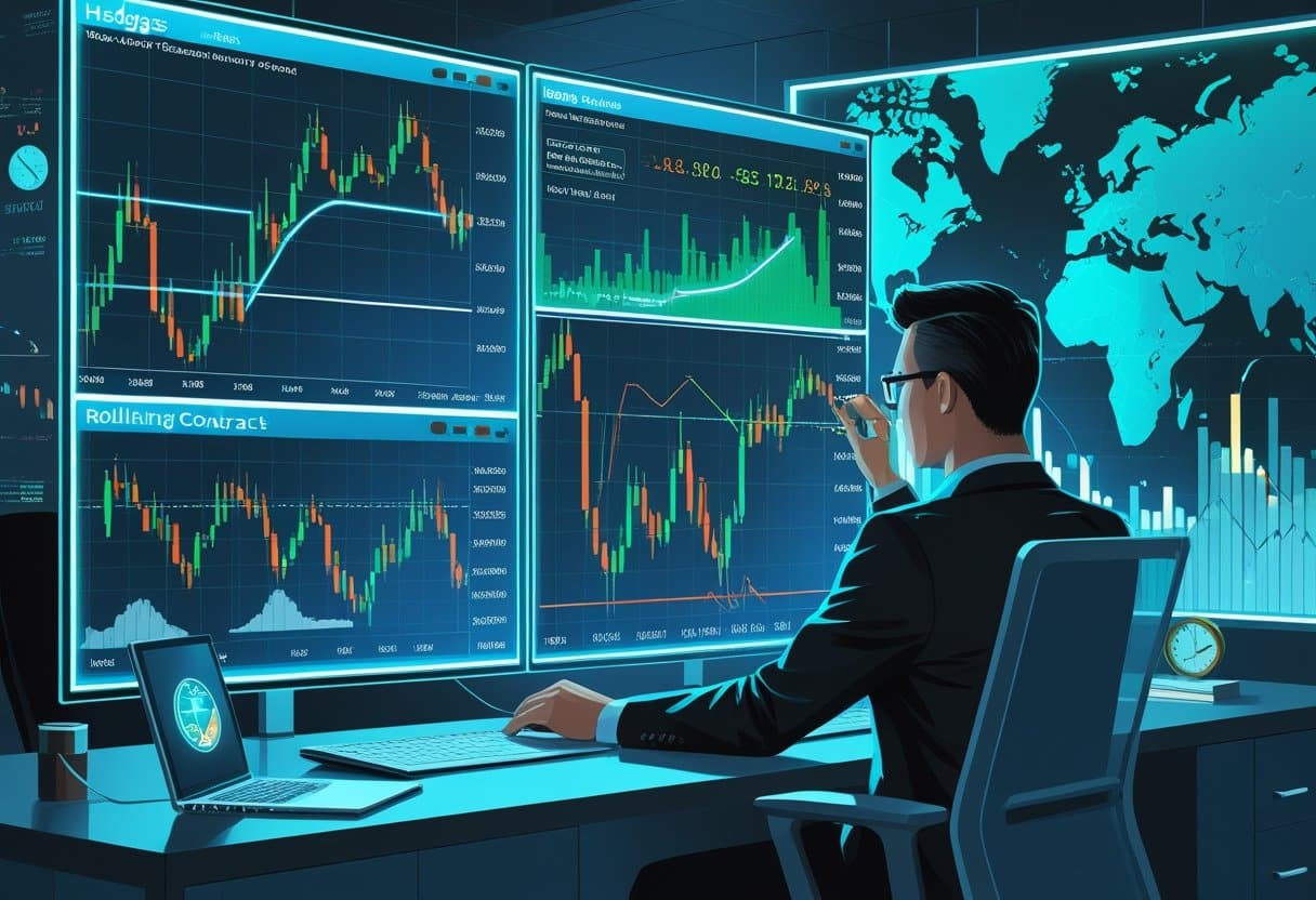 A person in a suit analyzes multiple large financial charts and graphs on screens in a modern office, with a world map and bar graphs in the background, suggesting stock market activity focused on profit maximization. - Betting Online A financial analyst reviewing digital screens with charts and graphs illustrating futures market strategies involving hedging and contract rollovers.