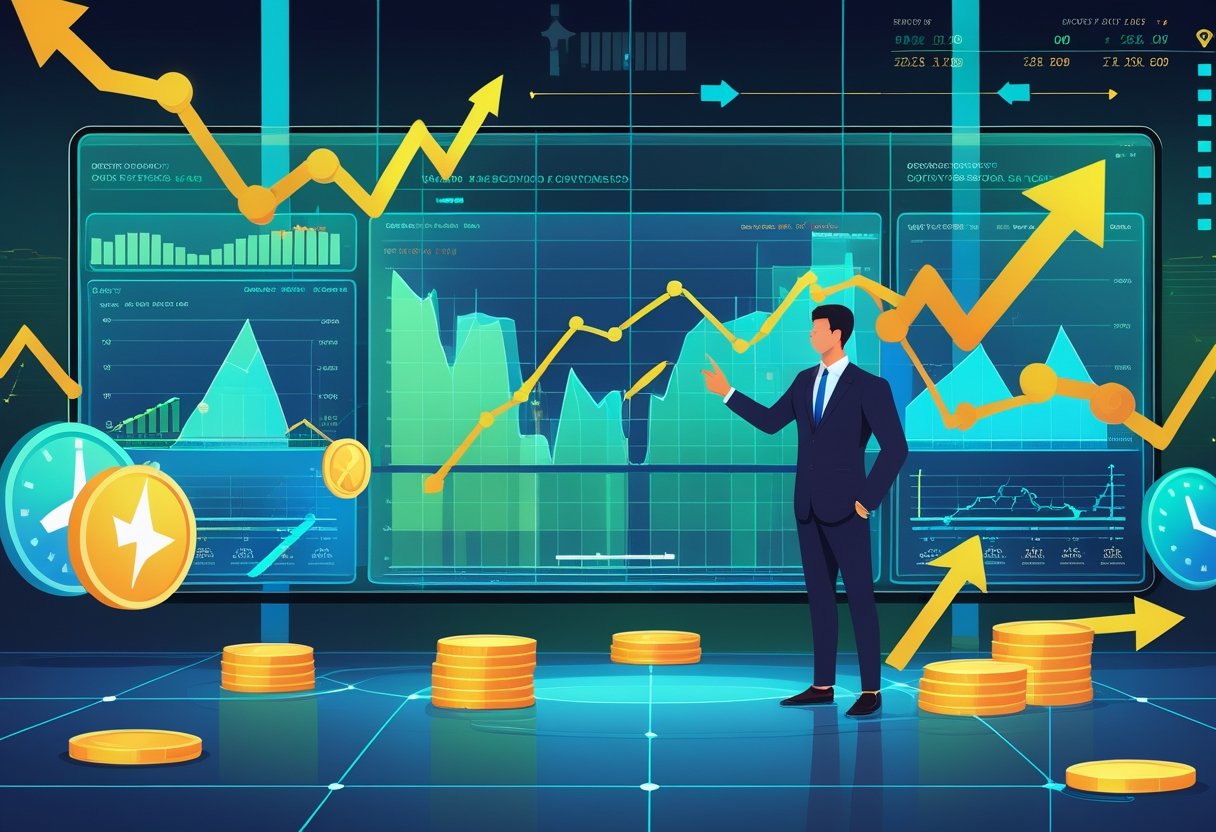 A businessman in a suit stands by stacked coins and digital currency symbols, pointing at charts and graphs displaying rising financial trends, profit maximization, and data analysis using futures market strategies on a futuristic screen. - Betting Online A business professional analyzing financial charts on a touchscreen in a trading room with digital screens showing market data, surrounded by symbols of hedging and contract rollover.