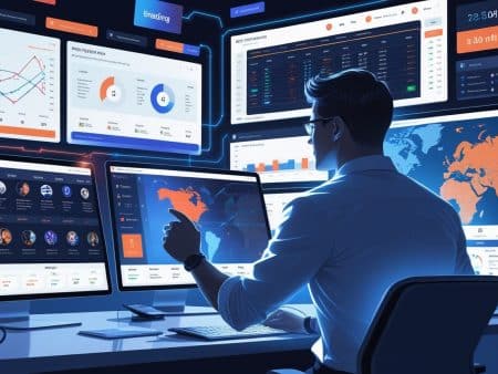 A person sits at a desk with multiple monitors displaying charts, graphs, maps, and real-time betting dashboards, analyzing global statistics in a modern, high-tech control room environment.