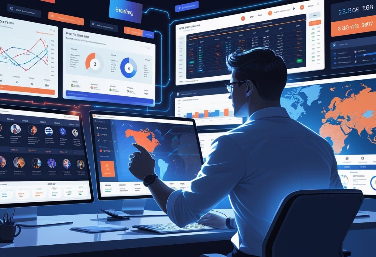 A person sits at a desk with multiple monitors displaying charts, graphs, maps, and real-time betting dashboards, analyzing global statistics in a modern, high-tech control room environment. - Betting Online A sports analyst reviewing multiple digital screens showing live injury reports, trade updates, and news alerts to make betting decisions.