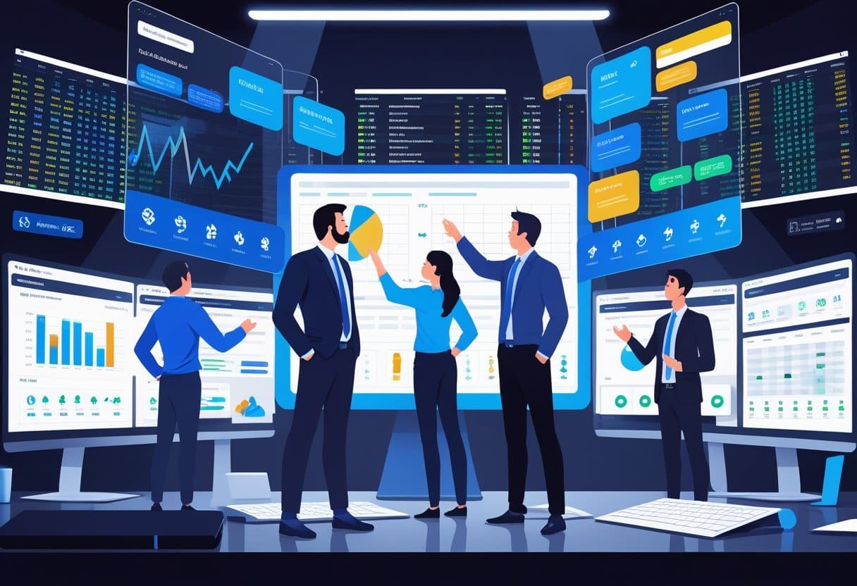 Four business professionals discuss data on a large central screen in a high-tech office, surrounded by monitors showing real-time betting charts, graphs, and financial statistics in a modern, digital workspace. - Betting Online A group of analysts in a modern workspace reviewing live sports data, injury reports, trade updates, and betting odds on multiple digital screens.
