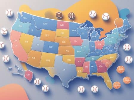 A colorful map of the United States, perfect for a 2025 guide to North America, displays state borders with baseballs and basketballs on a pastel background. Each state features postal abbreviations, ideal for exploring regional sports betting rules.