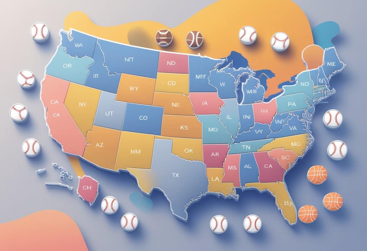 A colorful map of the United States, perfect for a 2025 guide to North America, displays state borders with baseballs and basketballs on a pastel background. Each state features postal abbreviations, ideal for exploring regional sports betting rules. - Betting Online Map of North America showing regions with different sports betting rules, surrounded by icons of various sports.