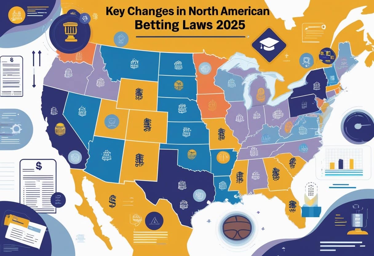 A colorful map of the United States illustrates Regional Sports Betting Rules for 2025, with icons for legal, pending, and banned statuses, plus charts and money graphics—your essential 2025 Guide to North Americas betting law changes. - Betting Online A detailed map of North America highlighting different regions with icons representing sports betting laws and legal changes for 2025.