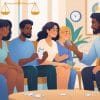 A diverse group of people sit in a circle, engaged in conversation about responsible sports betting. One person holds a chart, while others listen attentively. The setting appears friendly and supportive, with plants and a clock on the wall in the background.