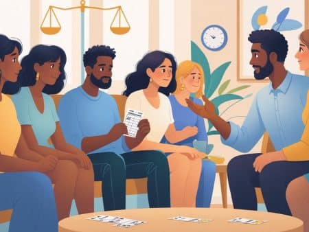 A diverse group of people sit in a circle, engaged in conversation about responsible sports betting. One person holds a chart, while others listen attentively. The setting appears friendly and supportive, with plants and a clock on the wall in the background.
