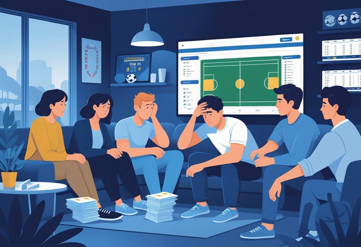 A group of five people sit together in a living room, looking concerned as they discuss football strategy charts. They review a large screen showing a soccer field diagram—focused on recognizing signs of responsible sports betting. - Betting Online A group of people watching a sports game, one person looks worried and others show concern, suggesting support around problem gambling.