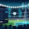 A smartphone displaying 5G network options is shown in a stadium with a large 5G cell tower and signal waves in the background, highlighting low latency for live betting during a thrilling sports event with a cheering crowd.