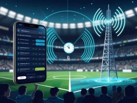 A smartphone displaying 5G network options is shown in a stadium with a large 5G cell tower and signal waves in the background, highlighting low latency for live betting during a thrilling sports event with a cheering crowd.