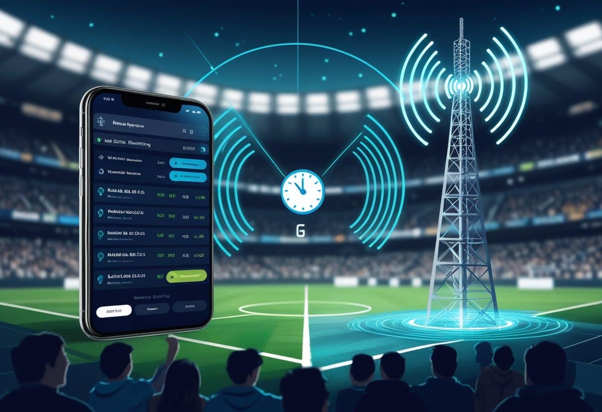 A smartphone displaying 5G network options is shown in a stadium with a large 5G cell tower and signal waves in the background, highlighting low latency for live betting during a thrilling sports event with a cheering crowd. - Betting Online A scene showing a smartphone with live betting odds next to a 5G tower emitting wireless signals, with a sports stadium full of fans in the background.