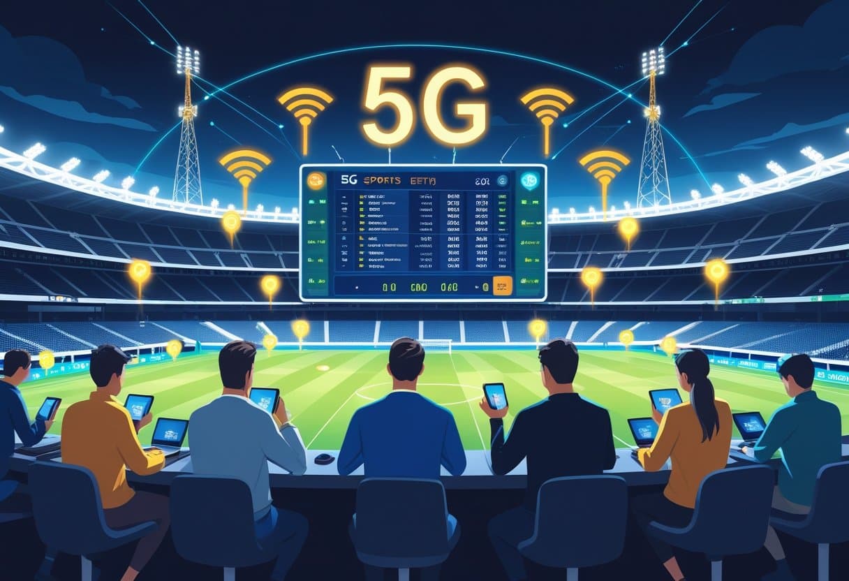 A group of people in a stadium use mobile devices, with a large screen displaying scores and a glowing 5G sign above, highlighting fast wireless internet connectivity and low latency for live betting at a sports event. - Betting Online People using smartphones and tablets to place live bets at a sports stadium with digital displays showing real-time game data and network signals indicating fast wireless connections.